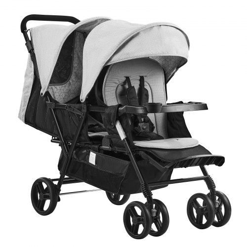 VEVOR Dubbele Kinderwagen, Opvouwbare Lichtgewicht Tweeling Kinderwagen met Tandemzitje, Verstelbare Rugleuning/Voetensteun, Veiligheidsgordel rondom, Opbergmand en Tray, voor Pasgeborenen en Peuters 