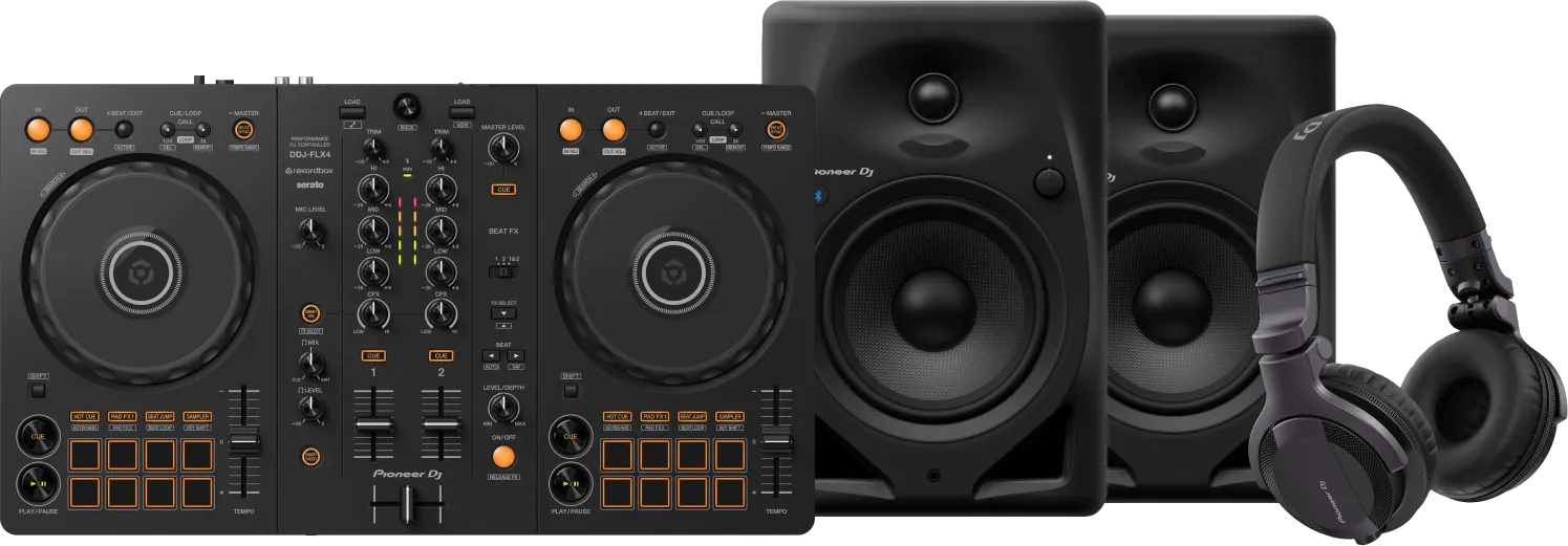 Pioneer DJ DDJ-FLX4 +  DJ HDJ-CUE1 +  DJ DM-50D-BT Zwart
