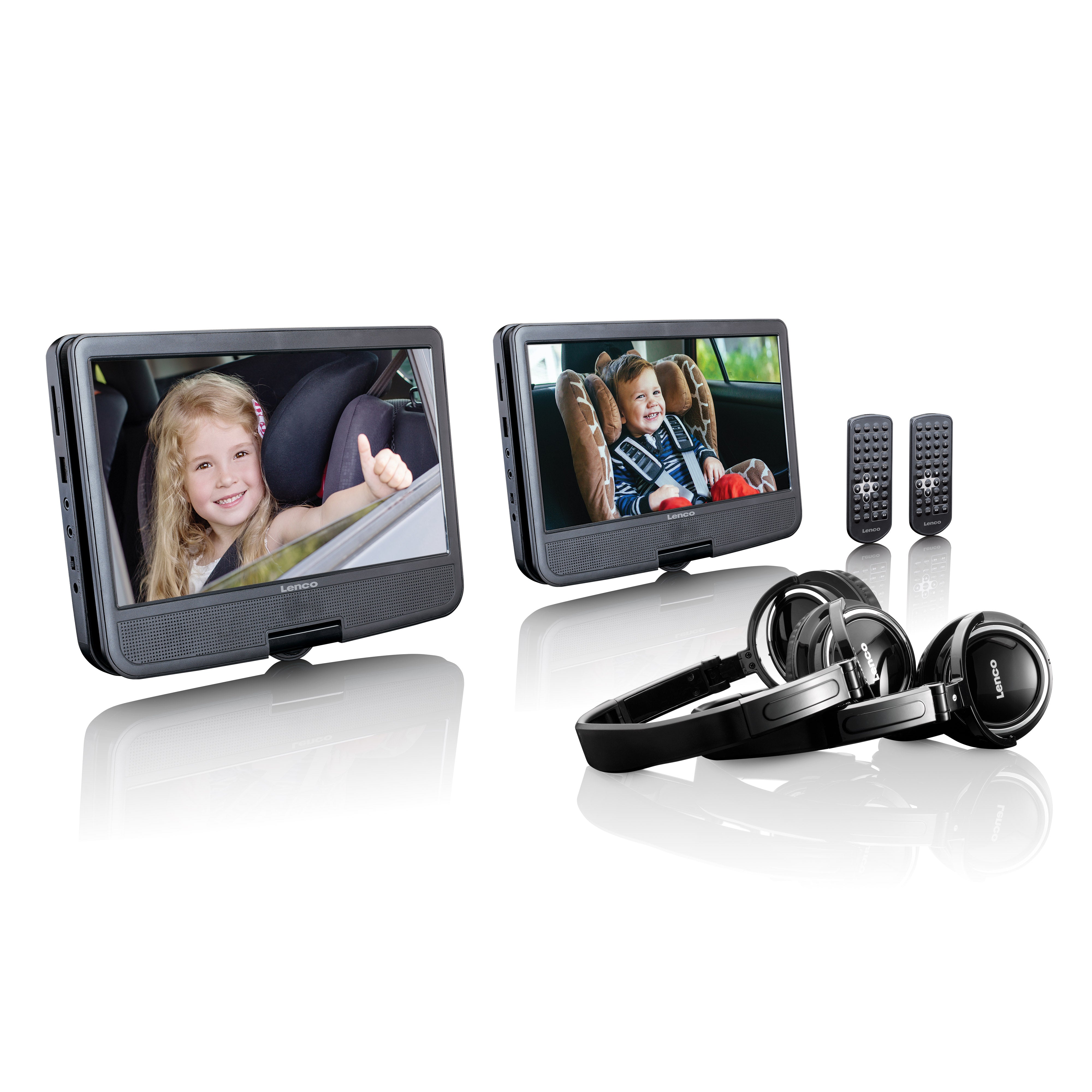 Lenco DVP-1046BK - 2x 10 inch draagbare DVD speler met oplaadbare batterij, twee hoofdtelefoons en twee montagebeugels voor in de auto - Zwart