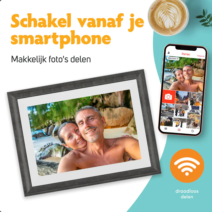 Pora&Co Digitale fotolijst 10 inch met WiFi en Frameo App wit met bruin