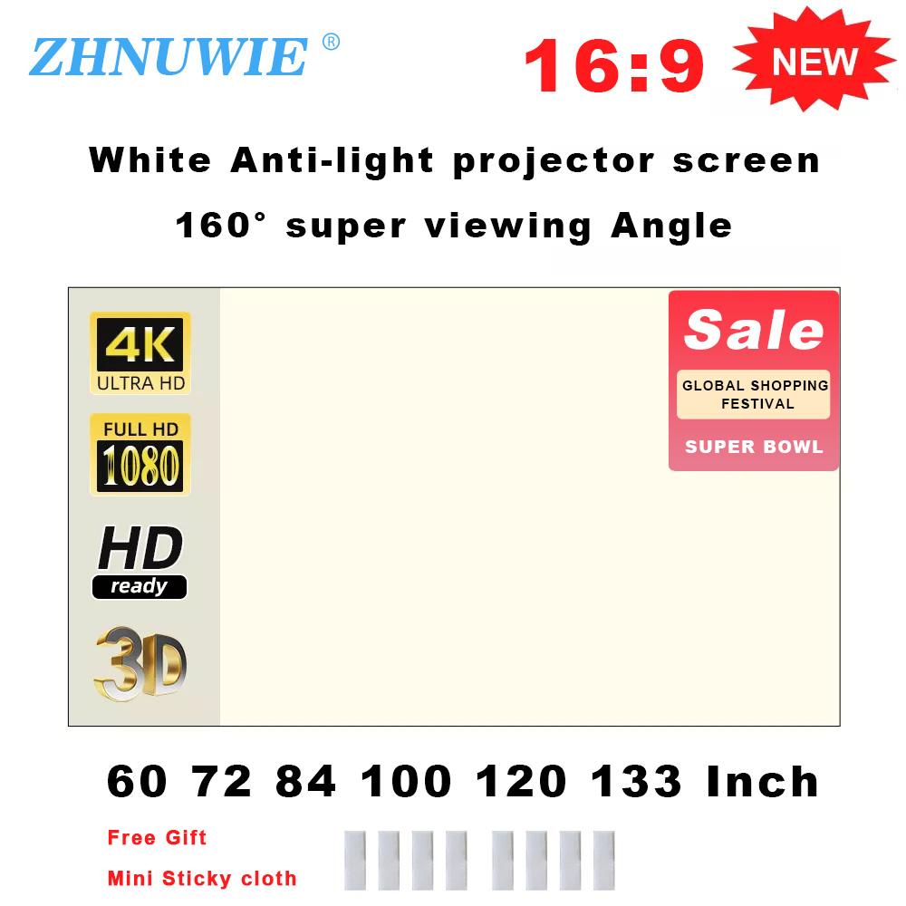 Kingglory ZHNUWIE-projectorscherm Wit raster Anti-licht 16:9 projectiescherm voor thuis 72 84 100 120 133 inch draagbare reflecterende 120 inch