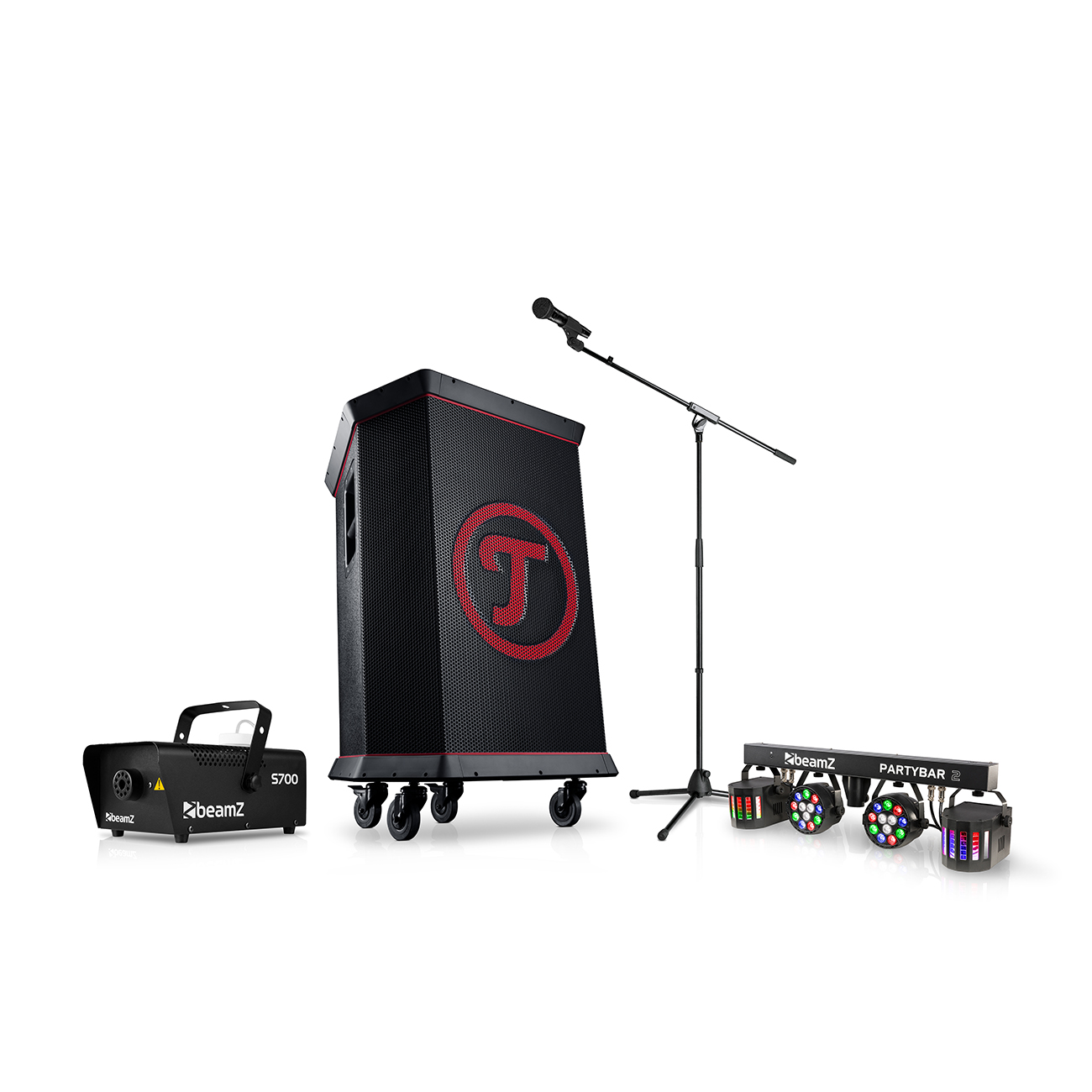 Teufel ROCKSTER + PartyBar2 + Rookmachine+ Shure PGA58 + statief Zwart