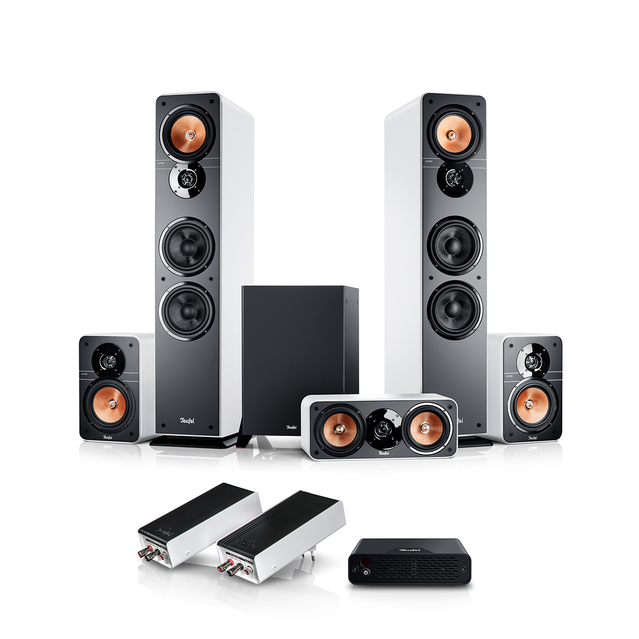 Teufel Ultima 40 Surround 5.1 Set Draadloos Home Cinema-systeem met Ultima 40 vloerstaande luidsprekers Wit