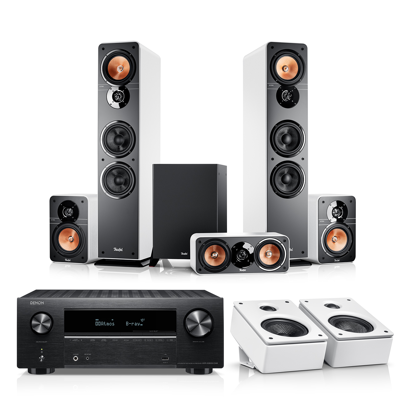 Teufel ULTIMA 40 Surround + Denon X2800H DAB 5.1 set met AV-receiver Films, games, muziek HDMI Wit/zwart