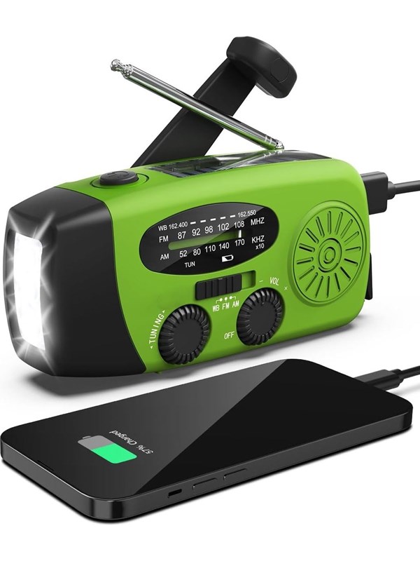 Pro Emergency radio - Hand Crank - Solar cells - 2000mAh Powerbank - SOS Light - AM/FM - Green