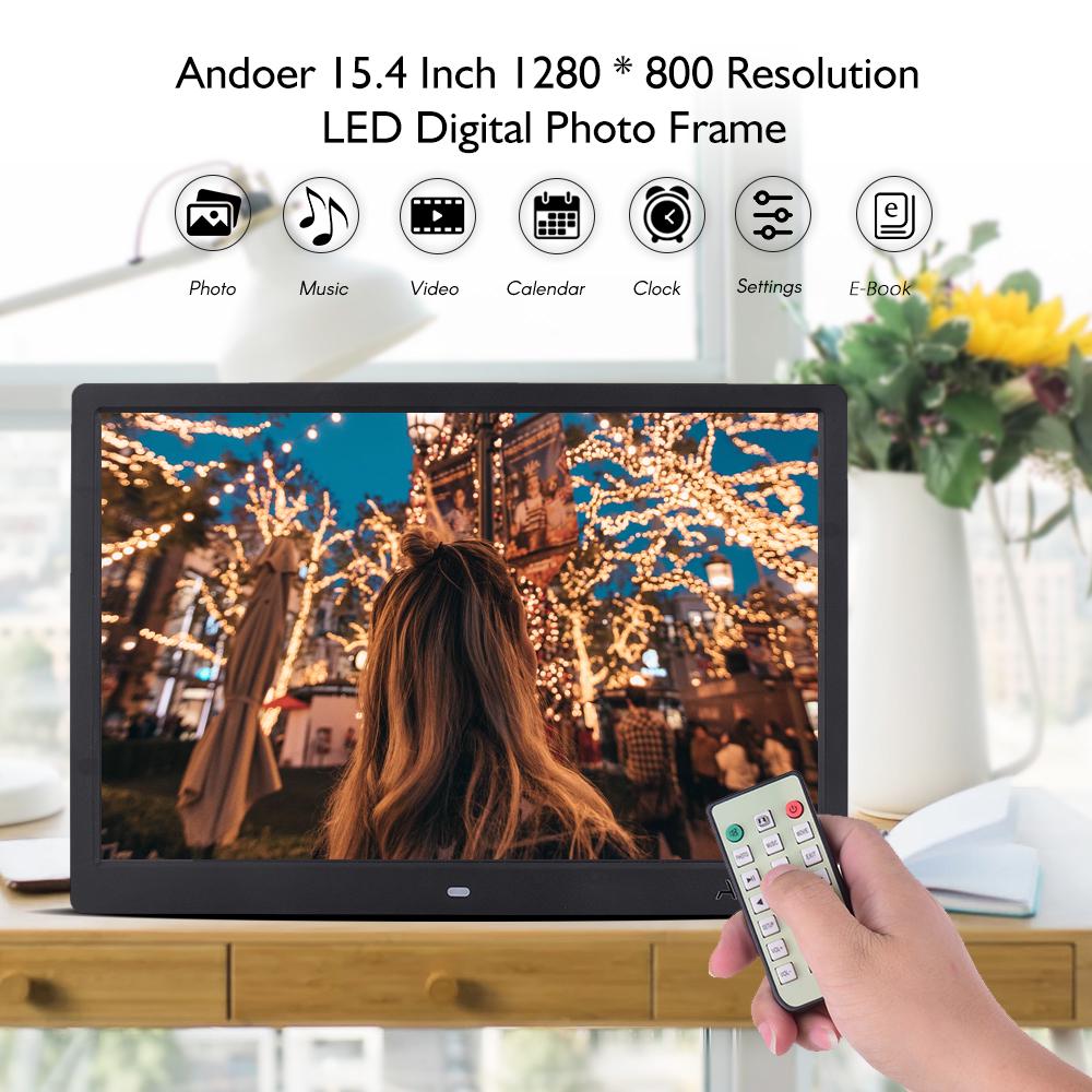 Andoer 15,4 inch 1280 * 800 resolutie LED digitale foto fotolijst fotoalbum 1080P HD video EU Plug zwart