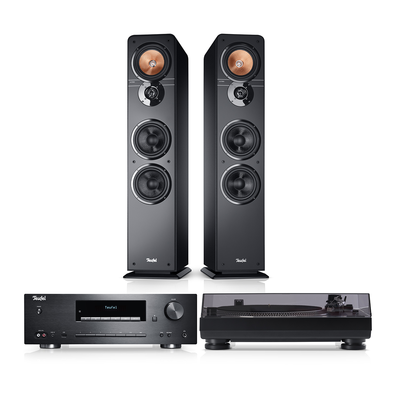 Teufel ULTIMA 40 KOMBO VINYL 250 Krachtige stereo installatie met cd-mp3 receiver Bluetooth, DAB+ Platenspeler Vloerstaande speaker Zwart
