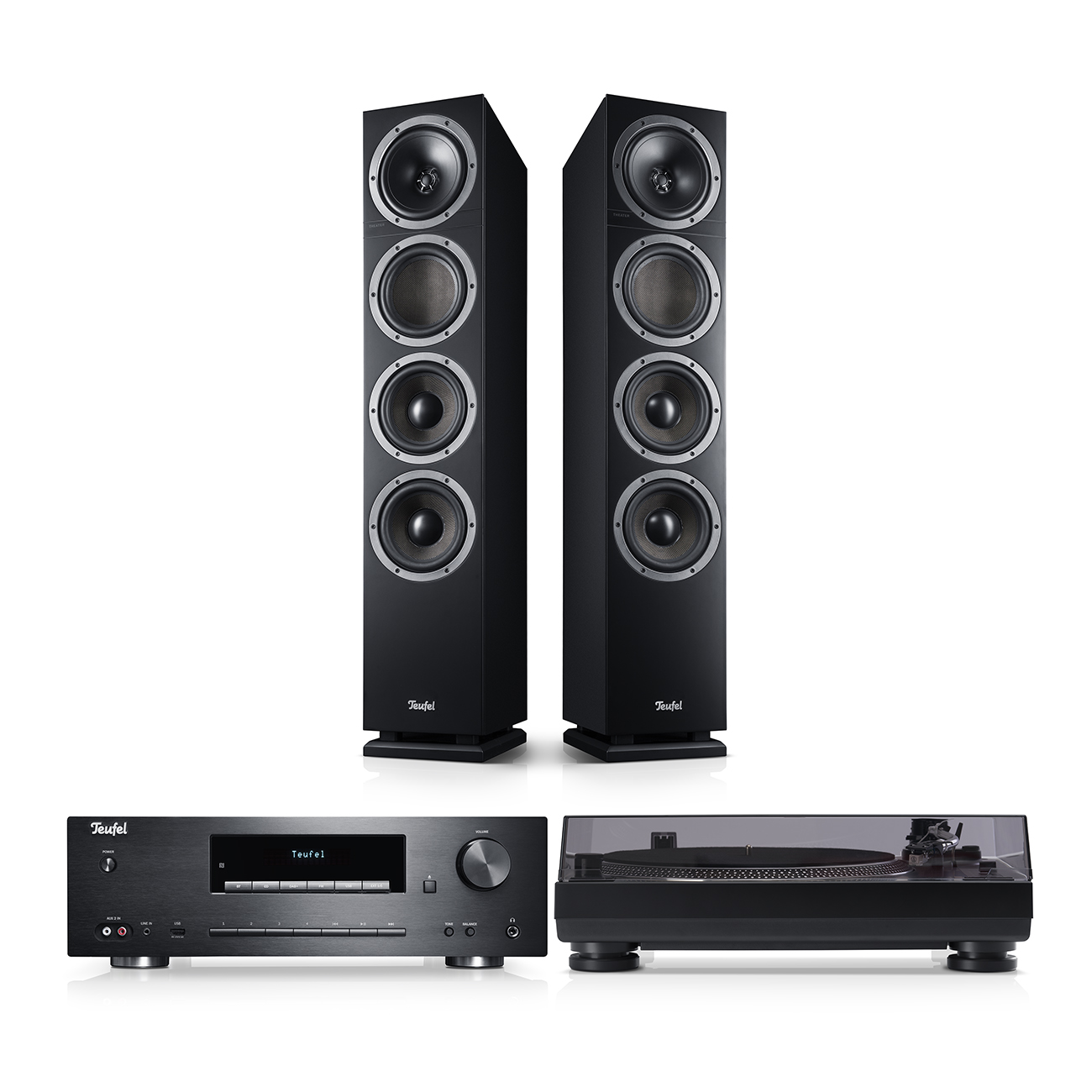 Teufel THEATER 500 KOMBO VINYL 250 Vloerstaande luidsprekers Platenspeler Driewegsysteem Zwart