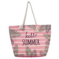 Strandtas roze/wit Hello Summer 54 cm - Strandtassen/schoudertassen roze met wit - Shoppers/zomer tass