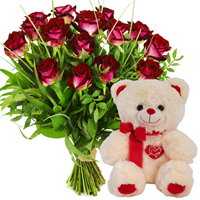 Boeketcadeau Rode rozen bezorgen met witte knuffel i love you