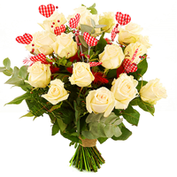 Boeketcadeau Witte valentijn rozen + veren hartjes