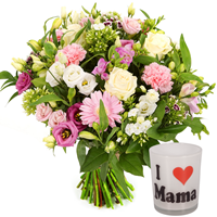 Boeketcadeau Moederdag boeket wit roze + waxinelichtje I love mama