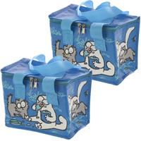 Bellatio Set van 2x stuks kleine koeltassen voor lunch blauw met katten print 16 x 21 x 14 cm 4,7 liter -