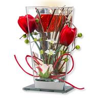 Valentins Glas-Spiegel-Windlicht mit roter Blumen-Deko und LED