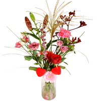 Boeketcadeau Valentijn liefde plukbloemen roze rood in glazen vaas ca. 30 cm hoog