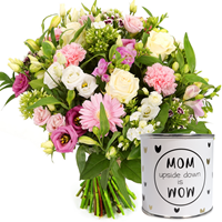 Boeketcadeau Moederdag boeket roze wit en snoepblikje MoM - WoW