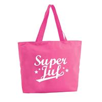 Bellatio Decorations Super Juf shopper tas - fuchsia roze - 47 x 34 x 12,5 cm - boodschappentas / strandtas