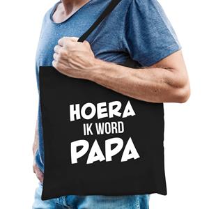 Bellatio Hoera Ik Word Papa Cadeau Katoenen Tas Zwart Voor Heren - Cadeau Aanstaande Papa - Feest Boodschappentassen