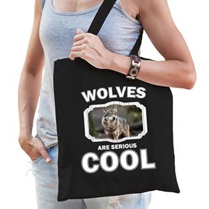 Bellatio Dieren Wolf Tasje Zwart Volwassenen En Kinderen - Wolfs Are Cool Cadeau Boodschappentasje - Feest Boodschappentassen