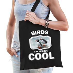Bellatio Katoenen Tasje Birds Are Serious Cool Zwart - Vogels/ Papegaaiduiker Vogel Cadeau Tas - Feest Boodschappentassen