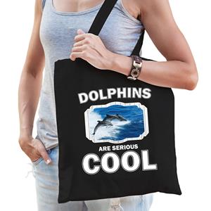 Bellatio Katoenen Tasje Dolphins Are Serious Cool Zwart - Dolfijnen/ Dolfijn Groep Cadeau Tas - Feest Boodschappentassen