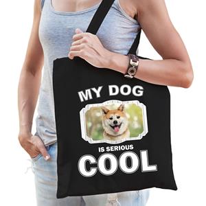 Bellatio Katoenen Tasje My Dog Is Serious Cool Zwart - Akita Inu Honden Cadeau Tas - Feest Boodschappentassen