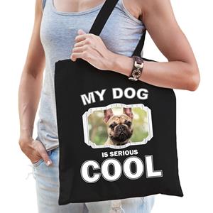 Bellatio Katoenen Tasje My Dog Is Serious Cool Zwart - Franse Bulldog Honden Cadeau Tas - Feest Boodschappentassen