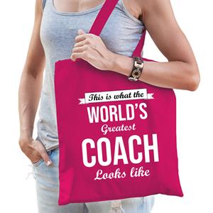 Bellatio Worlds Greatest Coach Cadeau Tas Roze Voor Dames - Feest Boodschappentassen