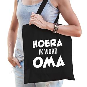 Bellatio Hoera Ik Word Oma Cadeau Katoenen Tas Zwart Voor Dames - Cadeau Aanstaande Oma - Feest Boodschappentassen