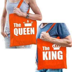 Bellatio Katoenen Tassen Oranje The King / The Queen Volwassenen - Feest Boodschappentassen