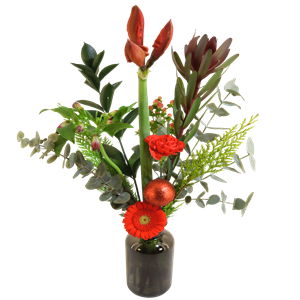 Boeketcadeau Kerstbloemen rood o.a. Amaryllis inclusief glazen vaas