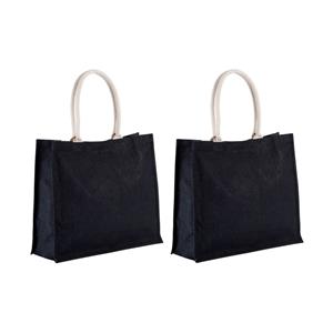 Kimood 2x stuks jute zwarte boodschappentassen/strandtassen cm -