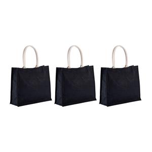 Kimood 3x stuks jute zwarte boodschappentassen/strandtassen cm -