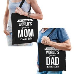 Bellatio Worlds greatest Mom en Dad tasje - Cadeau boodschappentasjes set voor Papa en Mama - Moederdag en Vaderdag cadeautje - Feest Boodschappentassen