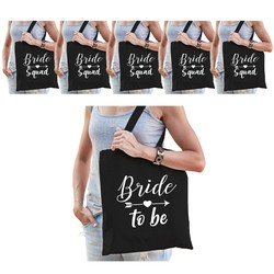 Bellatio Vrijgezellenfeest dames tasjes/ goodiebag pakket - 1x Bride to Be zwart + 7x Bride Squad Zwart