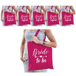Bellatio Vrijgezellenfeest dames tasjes/ goodiebag pakket - 1x Bride to Be roze + 7x Bride Squad Roze