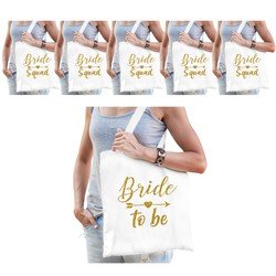 Bellatio Vrijgezellenfeest dames tasjes/ goodiebag pakket - 1x Bride to Be wit + 7x Bride Squad Wit
