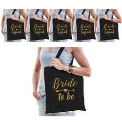 Bellatio Vrijgezellenfeest dames tasjes/ goodiebag pakket - 1x Bride to Be zwart goud + 9x Bride Squad Zwart