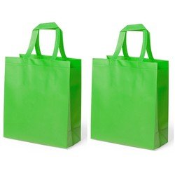 2x stuks draagtassen/schoudertassen/boodschappentassen in de kleur lime Groen