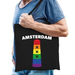 Bellatio Gaypride Amsterdammertje regenboog katoenen tas Zwart