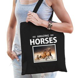 Bellatio Dieren Bruin paard foto tas katoen volw + kind Zwart