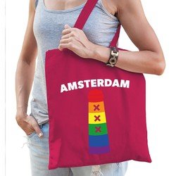 Bellatio Gay pride Amsterdamse paal regenboog katoenen tas fuchsia Roze