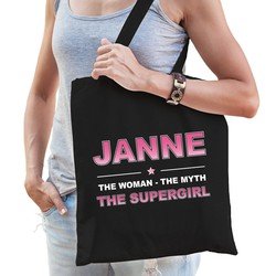 Bellatio Naam cadeau Janne - The woman, The myth the supergirl katoenen tas - Boodschappentas verjaardag/ moeder/ collega/ vriendin - Feest Boodschappentassen