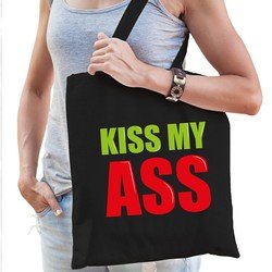 Bellatio Kiss my ass cadeau tas zwart voor dames cadeau katoenen tas Zwart