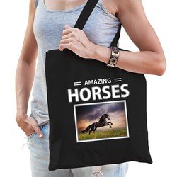 Bellatio Dieren Zwart paard foto tas katoen volw + kind zwart - amazing horses - kado boodschappentas/ gymtas / sporttas - Zwart