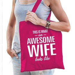 Bellatio Awesome wife / geweldige vrouw / echtgenote cadeau katoenen tas Roze