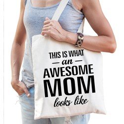 Bellatio Awesome mom / geweldige moeder cadeau tas wit voor dames - Moederdag kado / verjaardag / cadeau tas - Feest Boodschappentassen