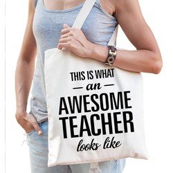 Bellatio Awesome teacher / geweldige docent cadeau tas wit voor dames en heren - docenten kado / verjaardag / beroep cadeau tas - Feest Boodschappentassen