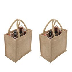 Trendoz 2x Jute boodschappentassen/strandtassen voor 6 flessen 29 x 27 cm naturel - Wijnflessen tas - Draagtassen met hengsels -Trendy tas - Boodschappentassen