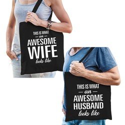 Bellatio Awesome Wife en Awesome husband tasje - Cadeau boodschappentasjes set voor bruiloft - Cadeau bruid en bruidegom huwelijk - Feest Boodschappentassen